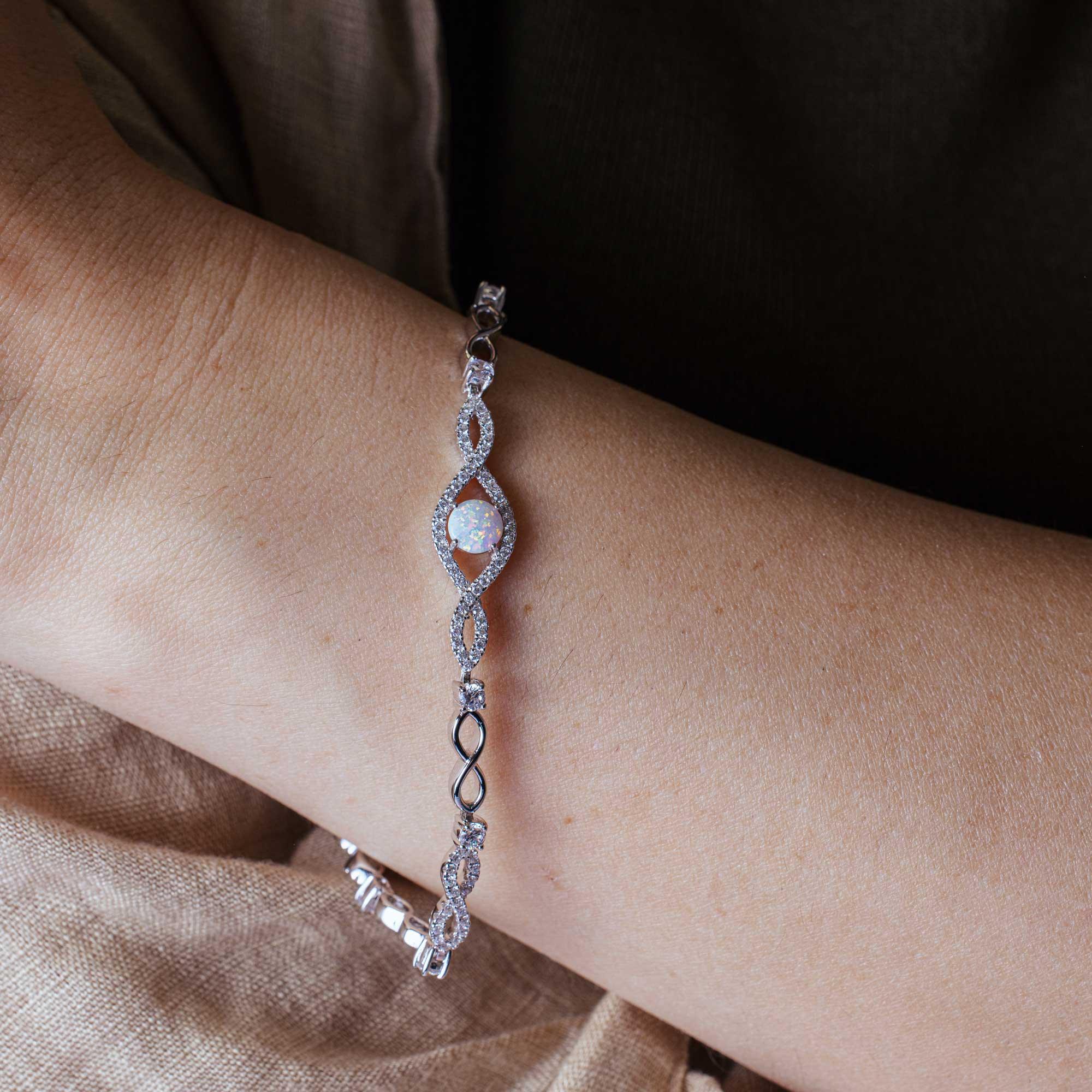 Rhodium Plated 925 Sterling Silver CZ Eye Bracelet with Synthetic Opal - BGB00283