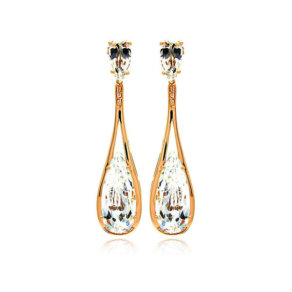 Silver 925 Rose Gold Rhodium Plated Teardrop CZ Dangling Stud Earrings - BGE00281 | Silver Palace Inc.