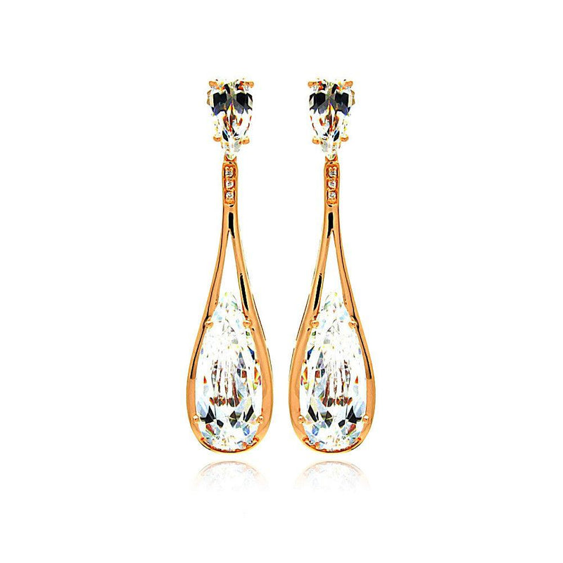 Silver 925 Rose Gold Rhodium Plated Teardrop CZ Dangling Stud Earrings - BGE00281 | Silver Palace Inc.