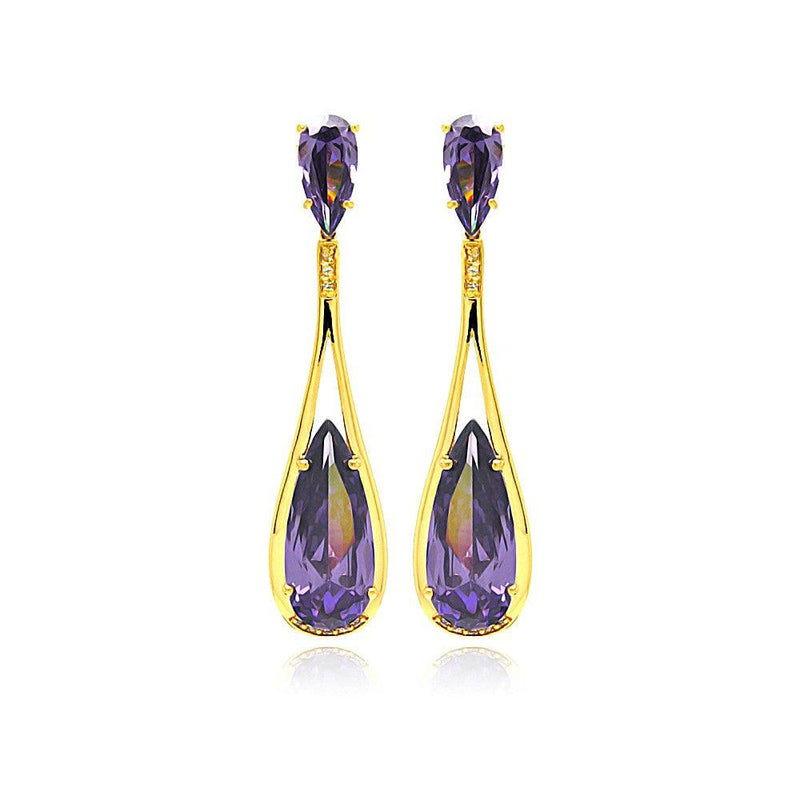 Silver 925 Rose Gold Rhodium Plated Purple Teardrop CZ Dangling Stud Earrings - BGE00282 | Silver Palace Inc.