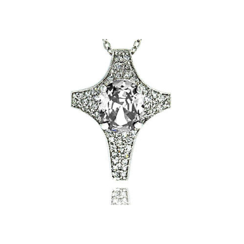 Closeout-Silver 925 Clear CZ Rhodium Plated Cross Pendant Necklace - BGP00009CLR | Silver Palace Inc.