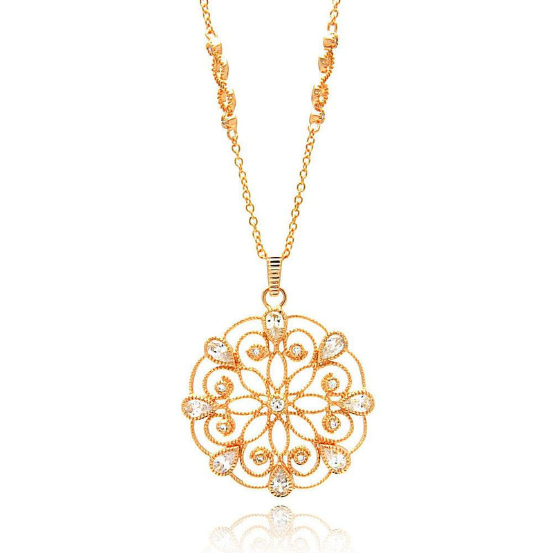 Silver 925 Rose Gold Plated Open Circle Flower Design CZ Necklace - BGP00652 | Silver Palace Inc.