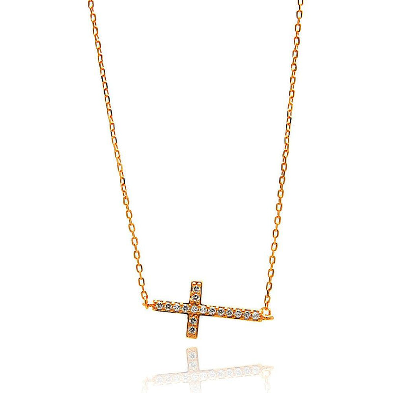 Silver 925 Rose Gold Plated Sideways Cross CZ Necklace - BGP00672 | Silver Palace Inc.