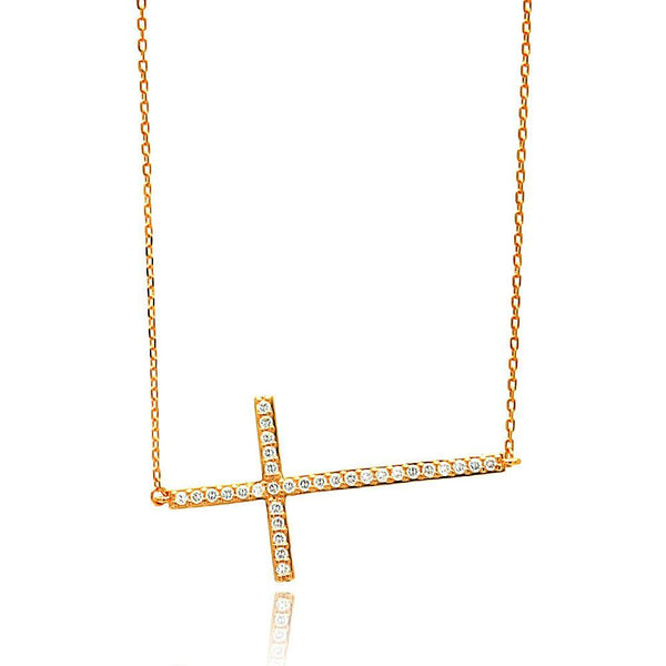 Silver 925 Rose Gold Plated Sideways Cross CZ Necklace - BGP00675 | Silver Palace Inc.