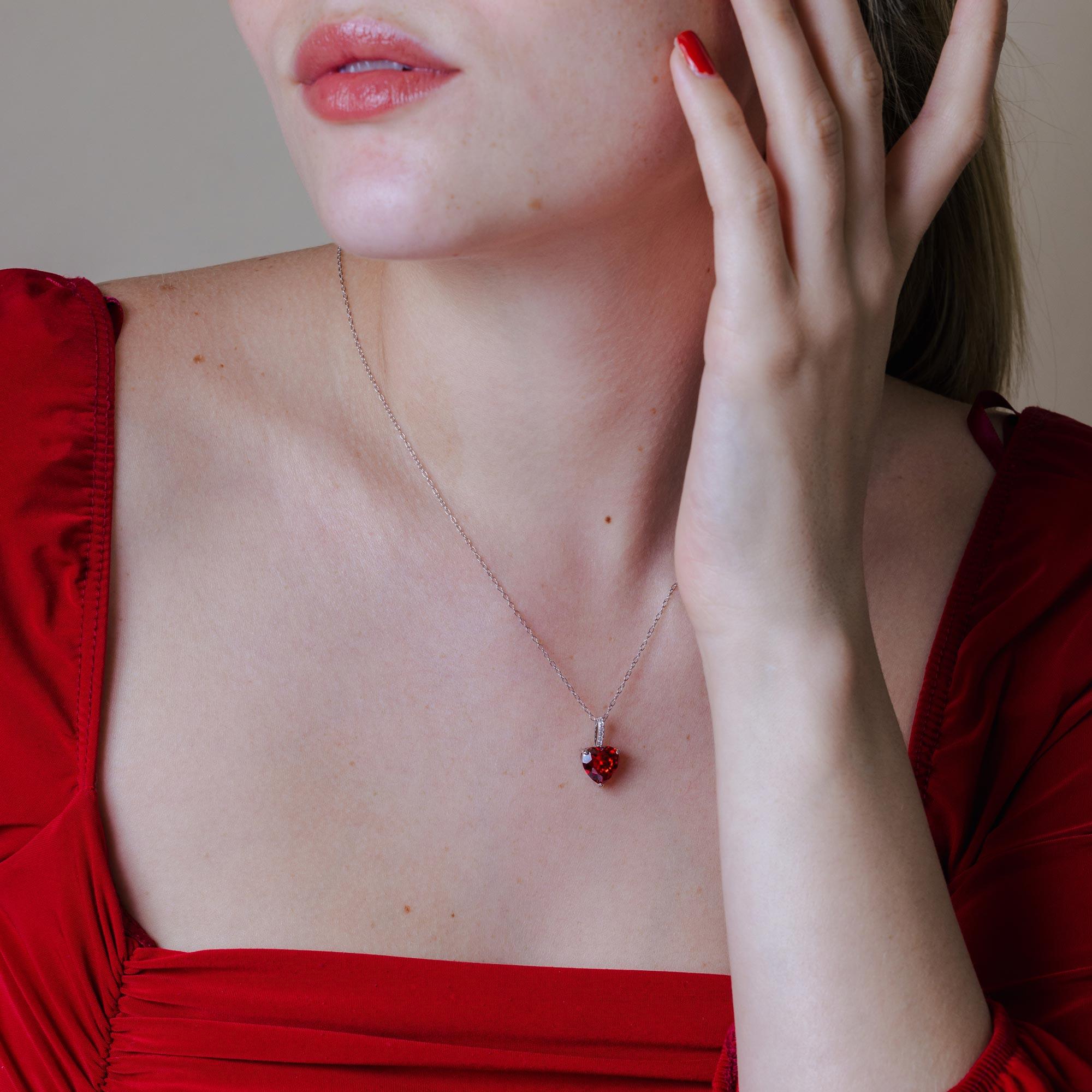 Rhodium Plated 925 Sterling Silver Red Heart CZ Necklace