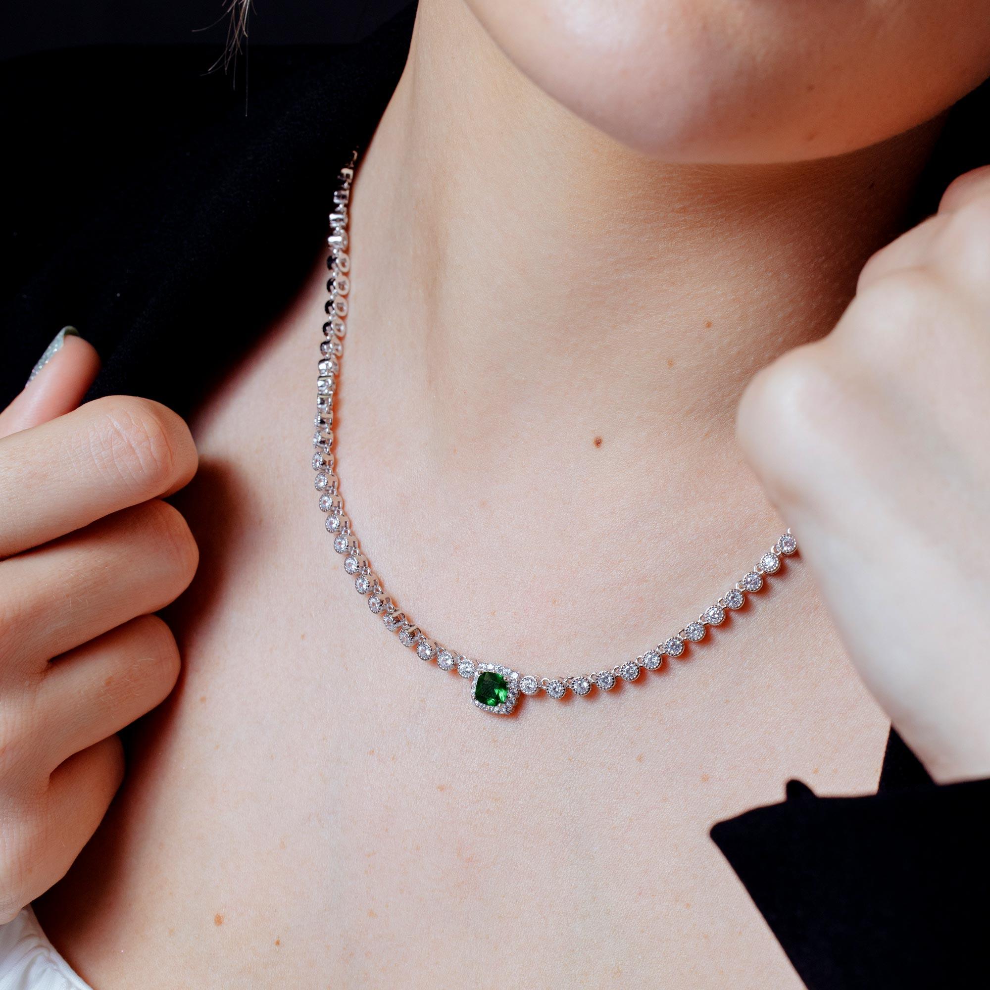 Rhodium Plated 925 Sterling Silver Bubble Tennis CZ Green Center Stone Necklace - BGP01469GRN