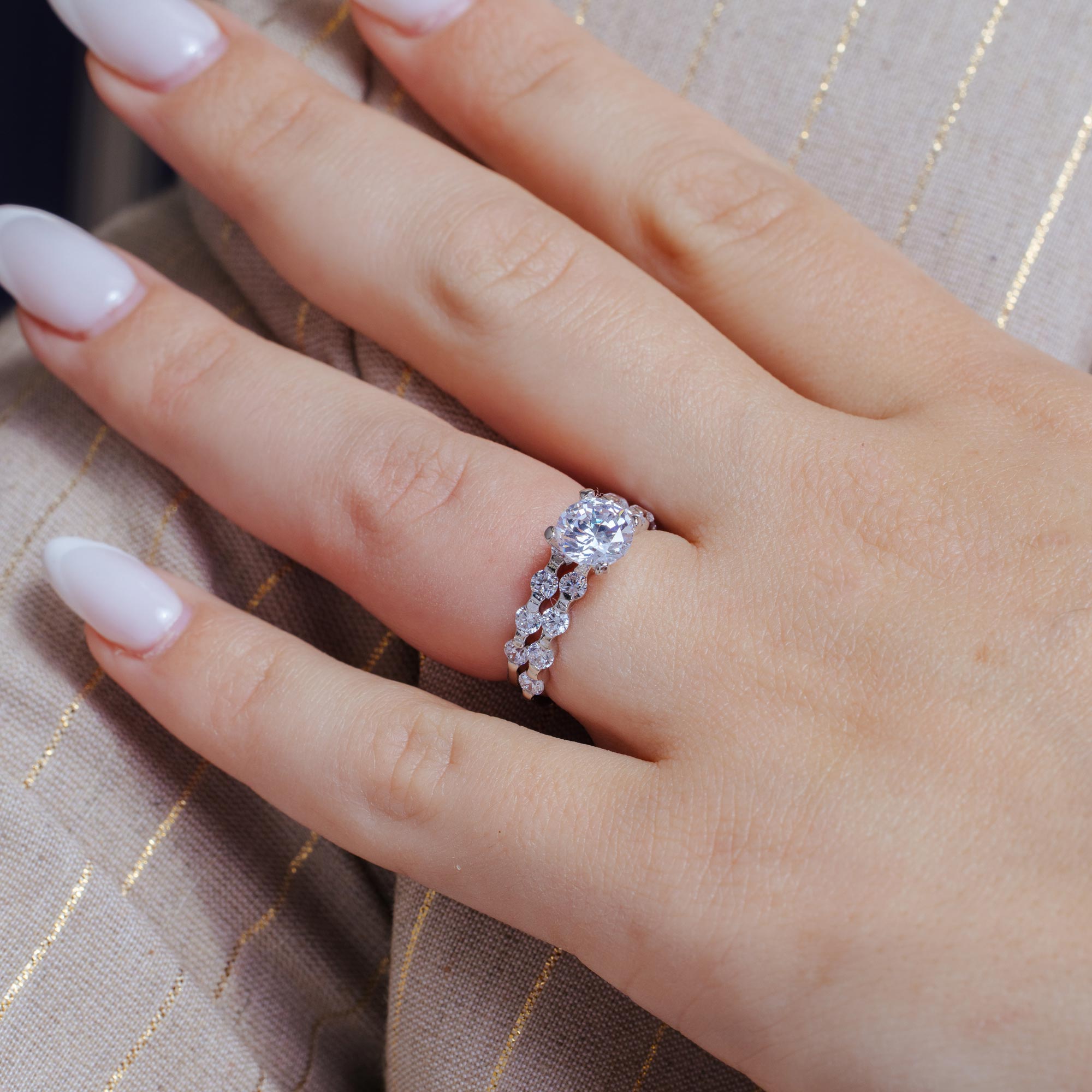 Rhodium Plated 925 Sterling Silver Clear Round Center CZ Bridal Ring Set - BGR00233