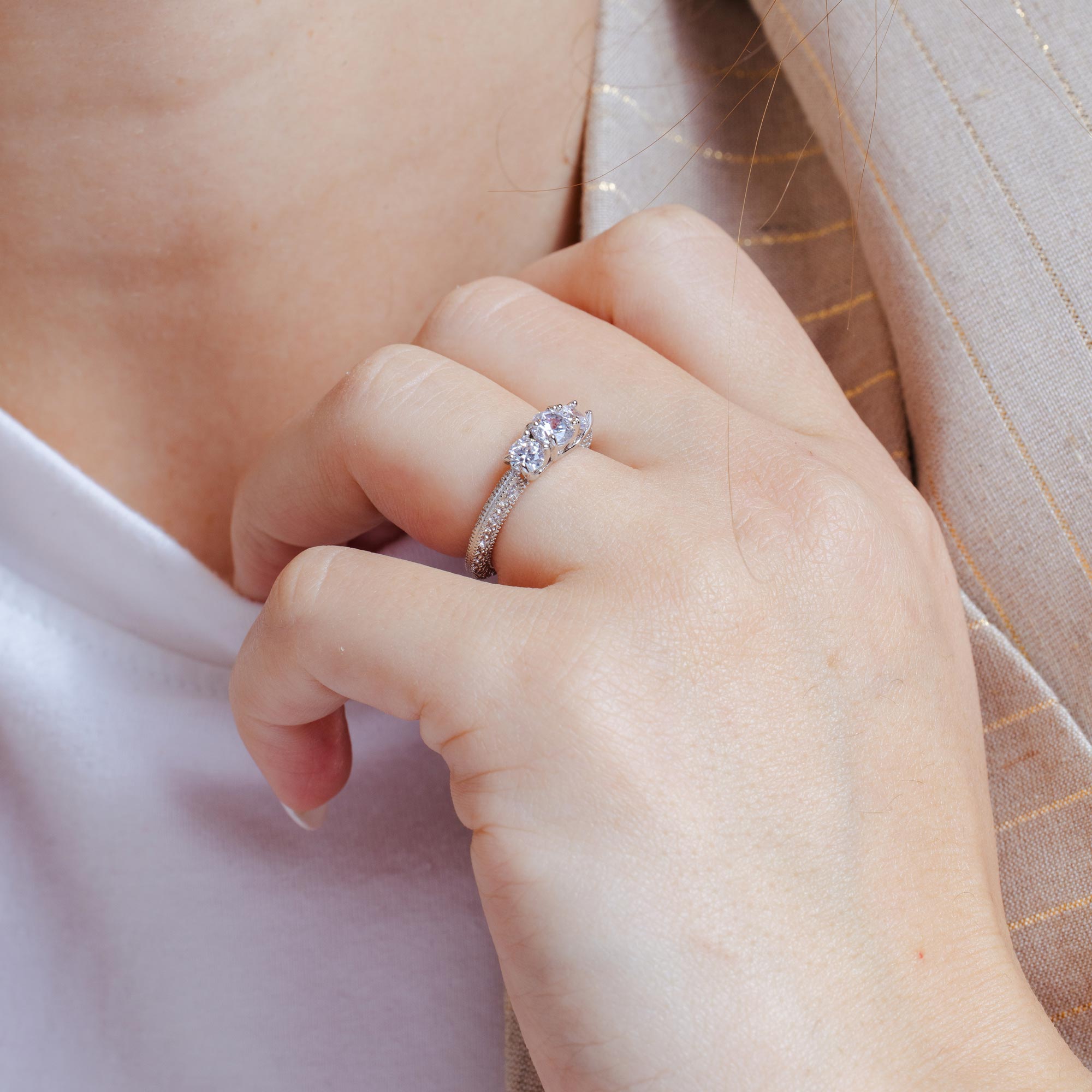 Rhodium Plated 925 Sterling Silver Clear CZ Ornate Past Present Future Bridal Ring - BGR00372