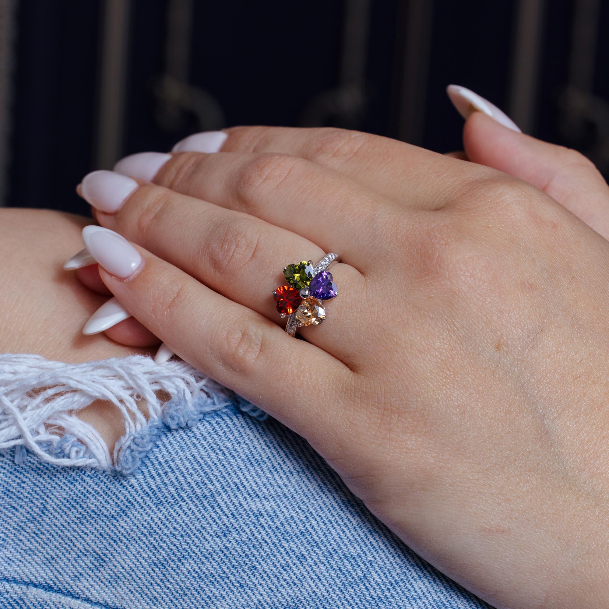 Silver 925 Rhodium Plated Multi Colored CZ Flower Ring - BGR00563 