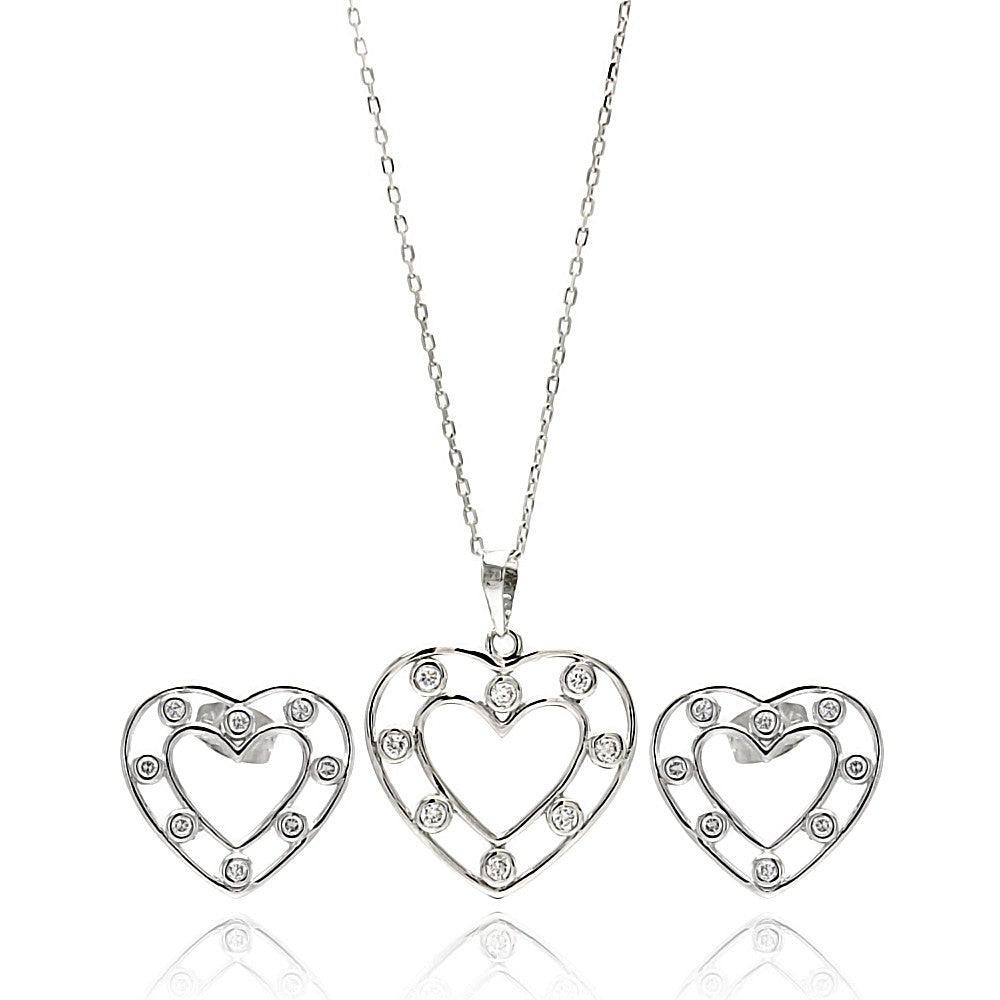 Silver 925 Rhodium Plated Clear Open Outline Heart CZ Stud Earring and Dangling Necklace Set - BGS00262 | Silver Palace Inc.