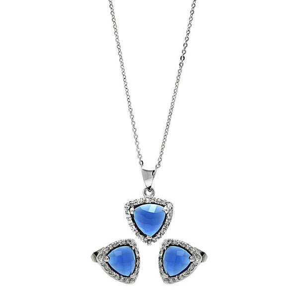 Silver 925 Rhodium Plated Cushion Triangle Blue CZ Set - BGS00327 | Silver Palace Inc.