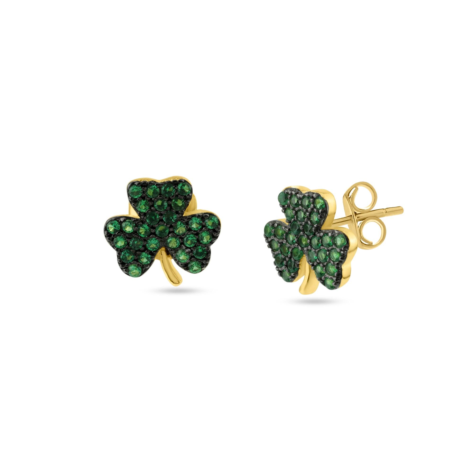 Clearance-Gold Plated 925 Sterling Silver Mini Green Clover Set with CZ - BGS00610