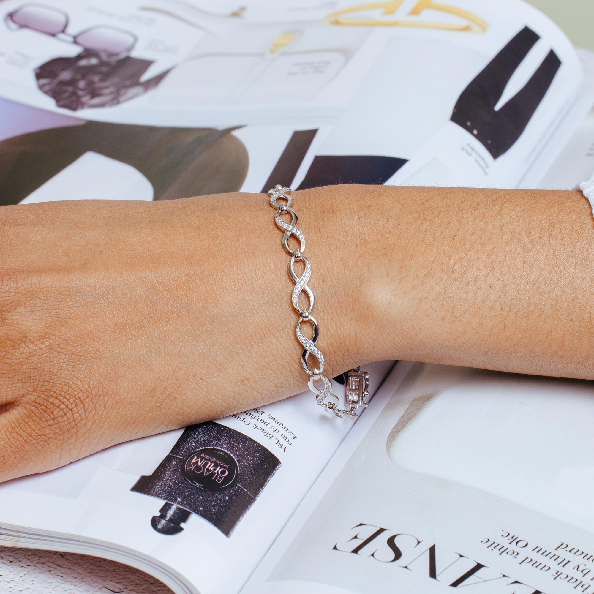 Rhodium Plated 925 Sterling Silver CZ Infinity Link Bracelet