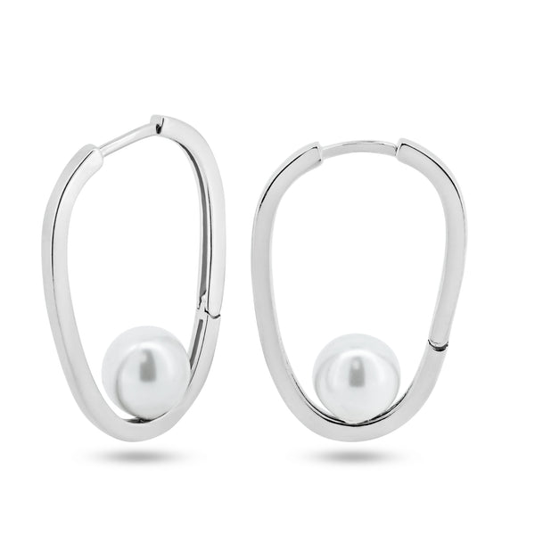 Silver 925 Rhodium Plated Pearl Hoop Earrings - GME00125 | Silver Palace Inc.