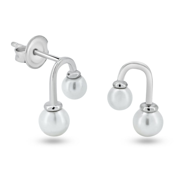 Rhodium Plated 925 Sterling Silver Dangling Synthetic Pearl Stud Earrings - GME00133
