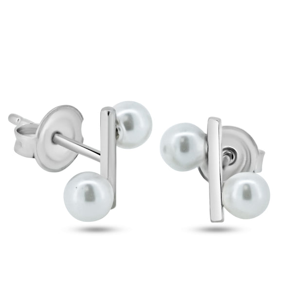 Silver 925 Rhodium Plated Bar with Synthetic Pearl Stud Earrings - GME00134