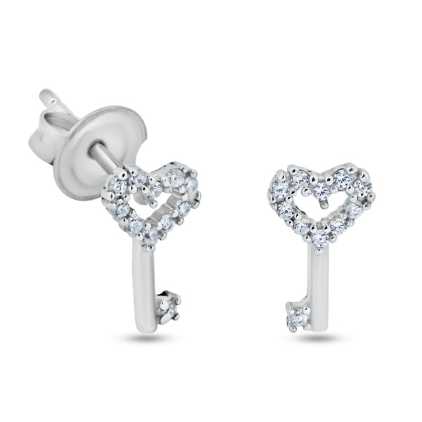 Silver 925 Rhodium Plated CZ Heart Key Stud Earrings - GME00135 | Silver Palace Inc.