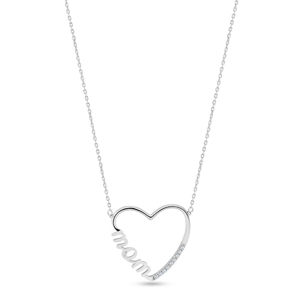 Silver 925 Rhodium Plated Clear CZ Open Heart MOM Necklace - GMN00207