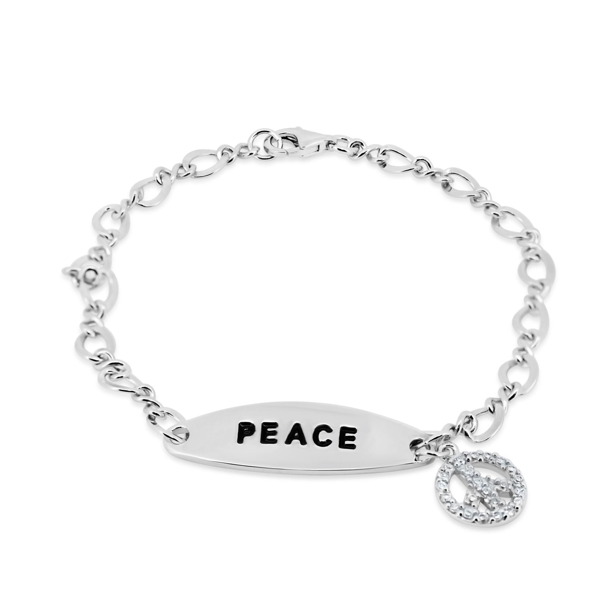 Rhodium Plated 925 Sterling Silver Peace Charm CZ Bracelet