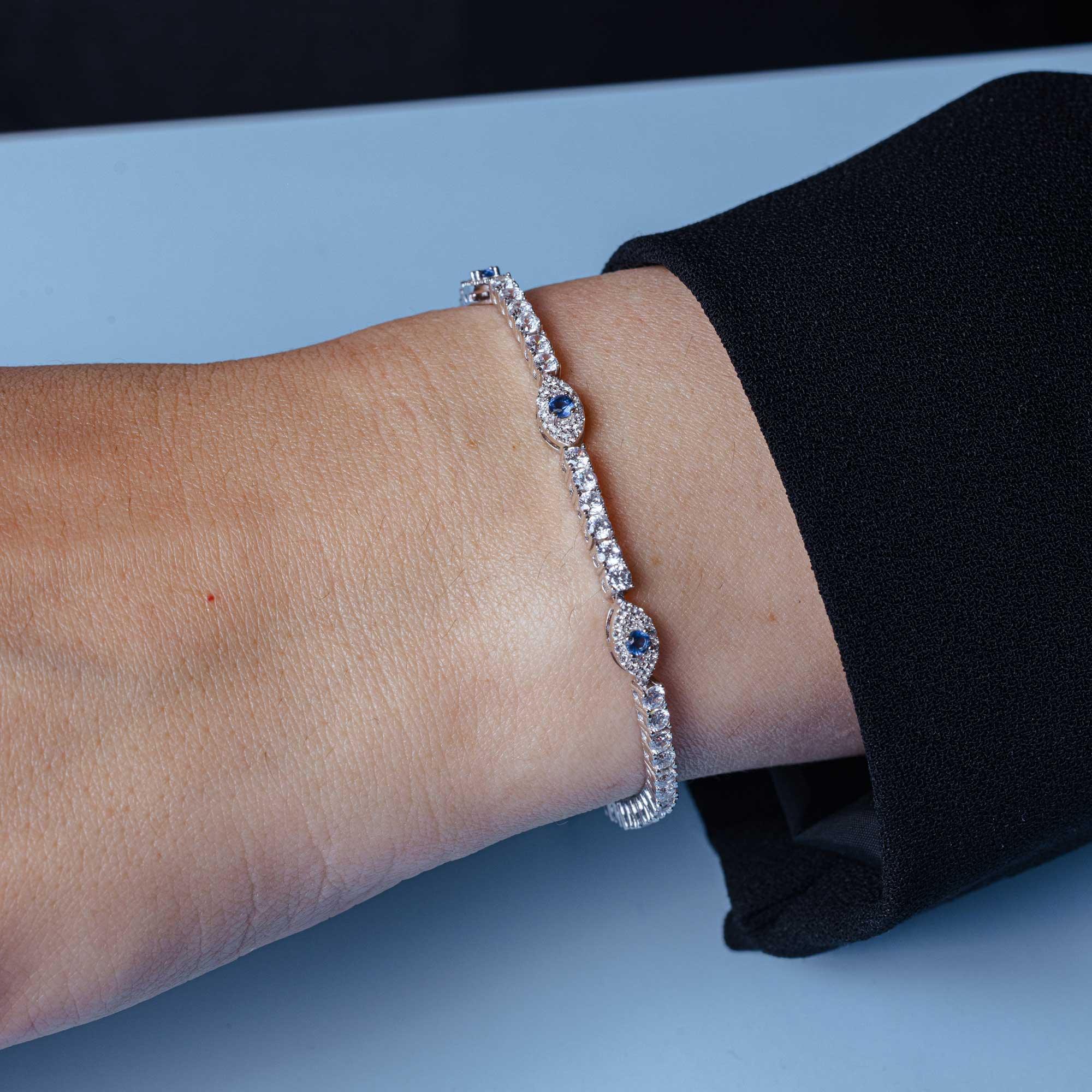 Rhodium Plated 925 Sterling Silver 5mm Evil Eye Link CZ Tennis