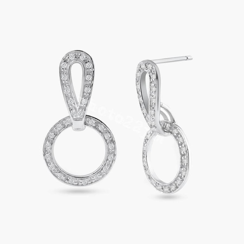 Silver 925 Rhodium Plated Two Piece Round Movable CZ Dangling Earrings - STE00099 | Silver Palace Inc.