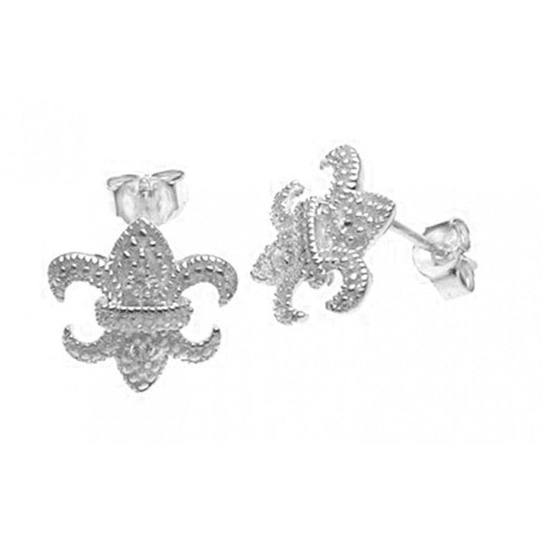 Silver 925 Rhodium Plated Fleur De Lis CZ Post Earrings - STE00571 | Silver Palace Inc.