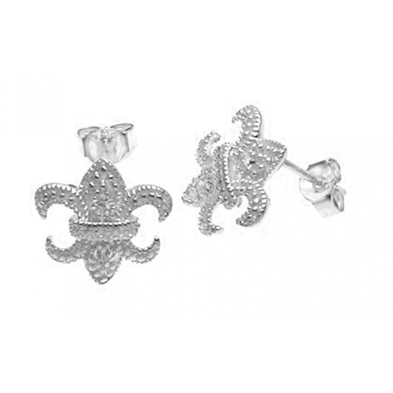 Silver 925 Rhodium Plated Fleur De Lis CZ Post Earrings - STE00571 | Silver Palace Inc.