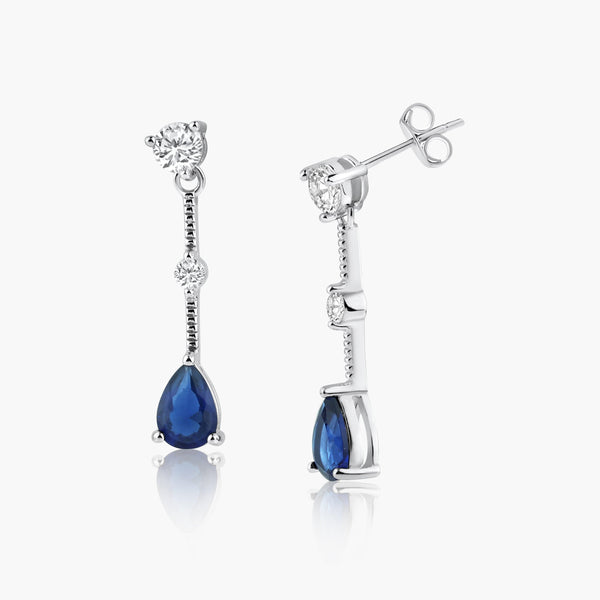 Silver 925 Rhodium Plated Blue Teardrop CZ Wire Dangling Stud Earrings - STE00880 | Silver Palace Inc.