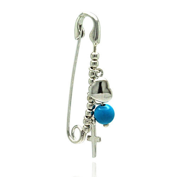Silver 925 Rhodium Plated Cross, Heart and Blue Bead Pin - STP01059 | Silver Palace Inc.
