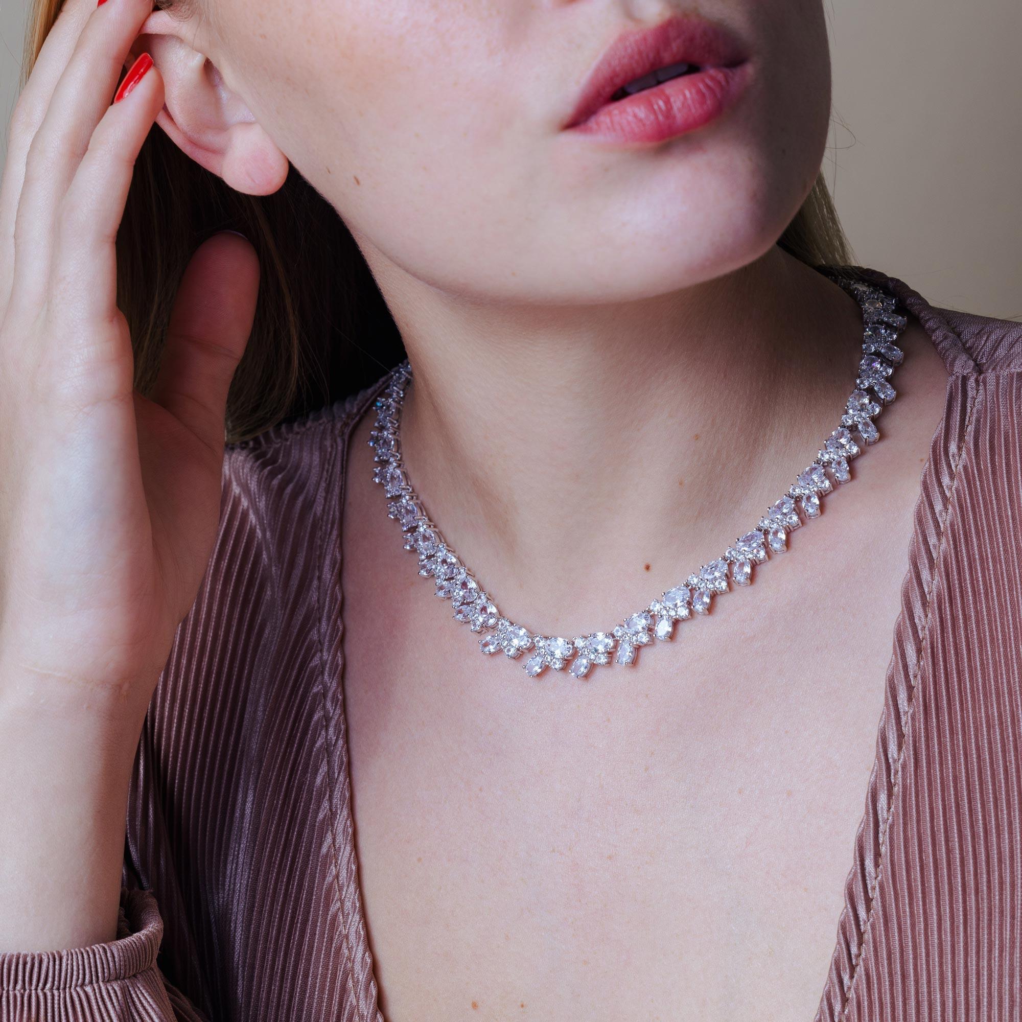 PRY GROUND シュウト001-GRADATION-NECKLACE Rhodium Plated 925 Sterling Silver Multi Shape Clear CZ Tennis