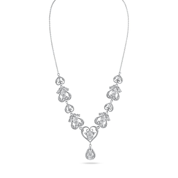 Rhodium Plated 925 Sterling Silver Victorian Hearts Teardrop Clear CZ Tennis Necklace - STP01841 | Silver Palace Inc.