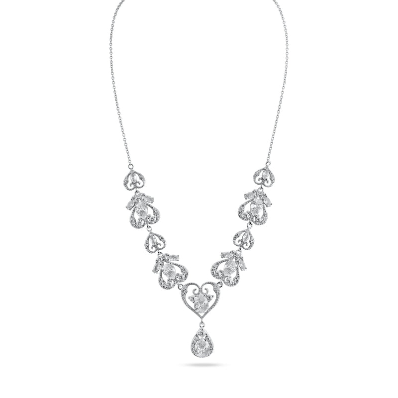 Rhodium Plated 925 Sterling Silver Victorian Hearts Teardrop Clear CZ Tennis Necklace - STP01841 | Silver Palace Inc.