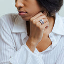 Silver 925 Rhodium Plated Blue Baguette and Clear CZ Ornate Ring - STR00482