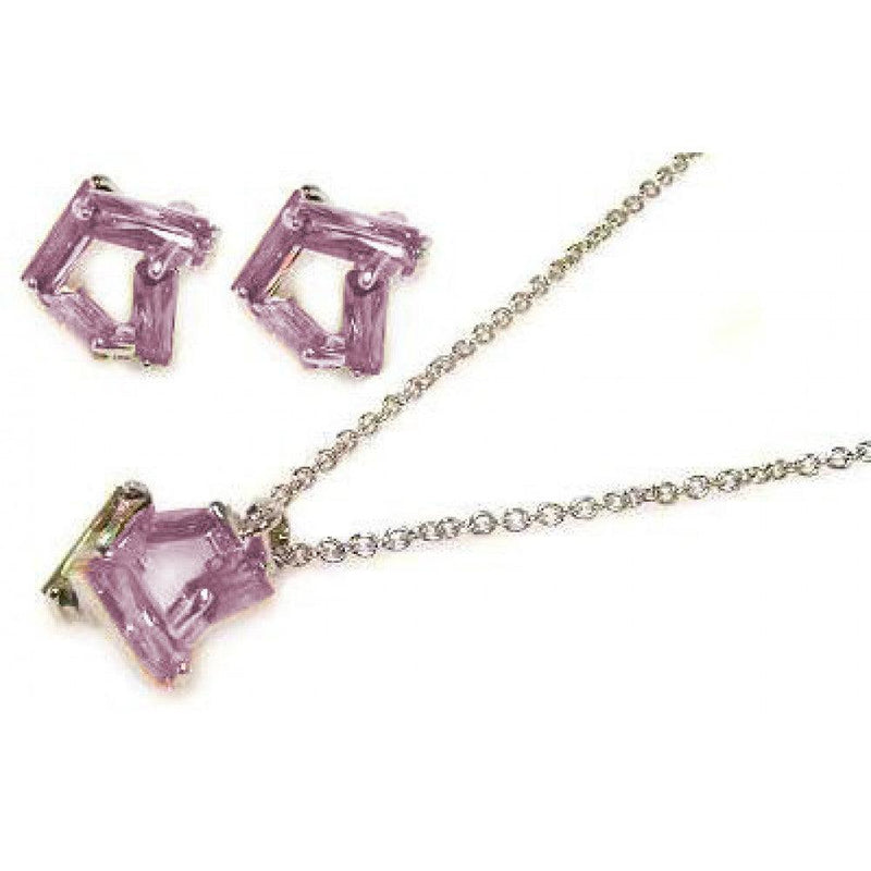 Closeout-Silver 925 Rhodium Plated Pink Baguette CZ Stud Earring and Necklace Set - STS00003-PNK | Silver Palace Inc.