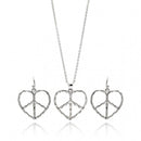 Silver 925 Rhodium Plated Open Peace Sign Heart CZ Dangling Hook Earring and Necklace Set - STS00218 | Silver Palace Inc.
