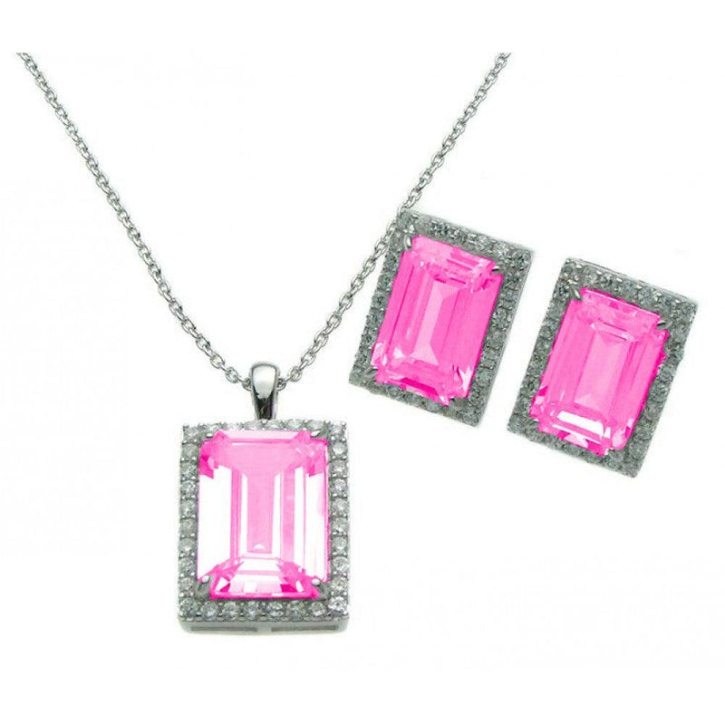 Silver 925 Rhodium Plated Rectangle Pink CZ Stud Earring and Necklace Set - STS00275-PNK | Silver Palace Inc.