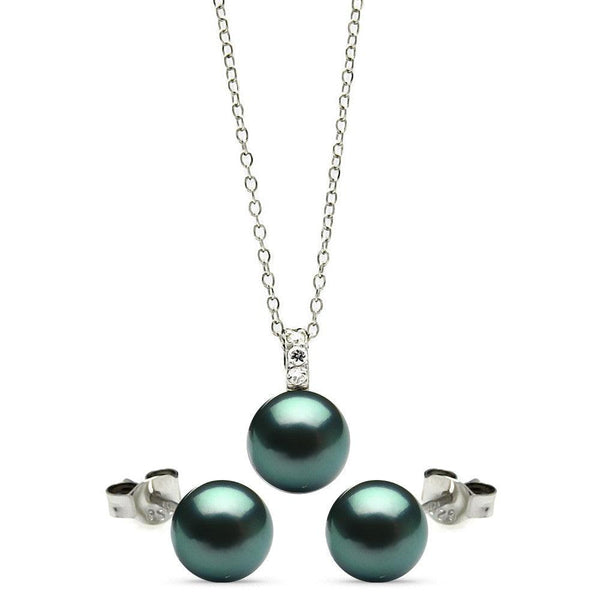 Silver 925 Rhodium Plated Dark Teal Stud Earring and Necklace Set - STS00447BLK | Silver Palace Inc.