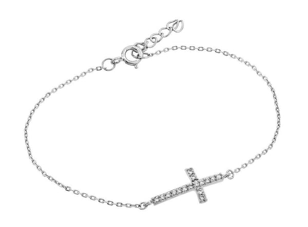 Silver 925 Rhodium Plated Sideways Cross CZ Bracelet - BGB00127RH | Silver Palace Inc.