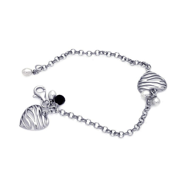 Closeout-Silver 925 Rhodium Plated Matte Finish Hanging Two Pearl Zebra Patter Open Heart Bracelet - BGB00072 | Silver Palace Inc.