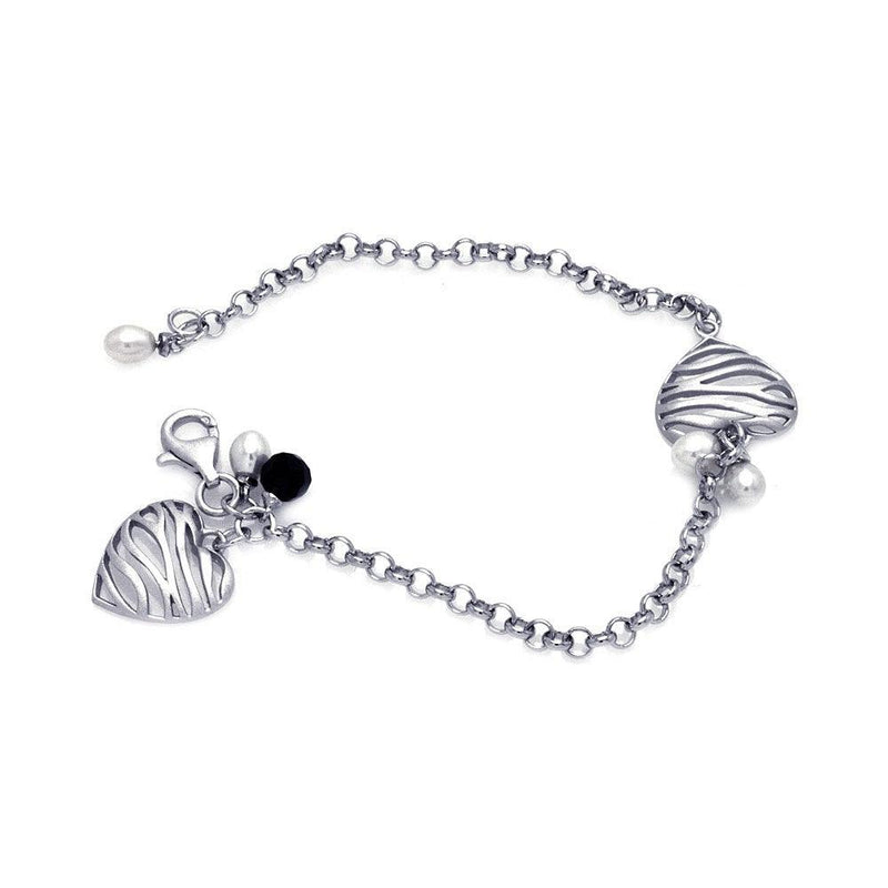 Closeout-Silver 925 Rhodium Plated Matte Finish Hanging Two Pearl Zebra Patter Open Heart Bracelet - BGB00072 | Silver Palace Inc.
