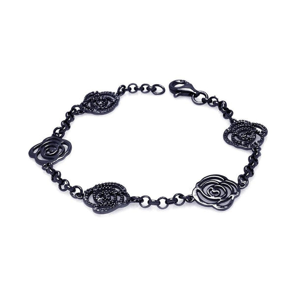 Closeout-Silver 925 Black Rhodium Plated Open Flower Outline Bracelet - BGB00074 | Silver Palace Inc.