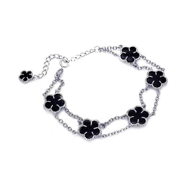 Silver 925 Rhodium Plated Black Onyx Six Flower Bracelet - BGB00079 | Silver Palace Inc.