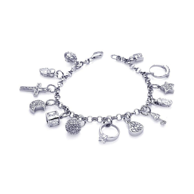 Silver 925 Rhodium Plated Multiple Charm Bracelet - DSB00003 | Silver Palace Inc.