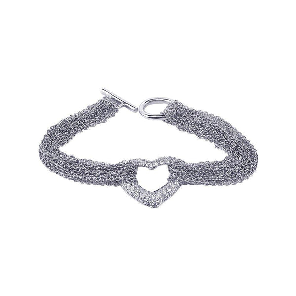 Closeout-Silver 925 Rhodium Plated Multi Chain Open Heart Micro Pave Clear CZ Bracelet - STB00260 | Silver Palace Inc.