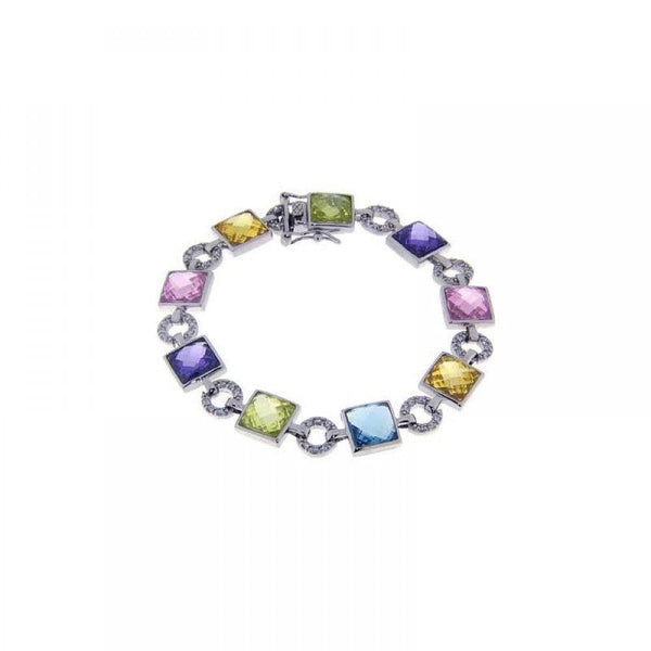 Silver 925 Rhodium Plated Multi Color Square and Circle Bracelet - STB00296 | Silver Palace Inc.
