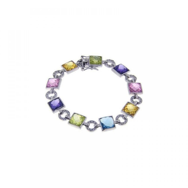 Silver 925 Rhodium Plated Multi Color Square and Circle Bracelet - STB00296 | Silver Palace Inc.