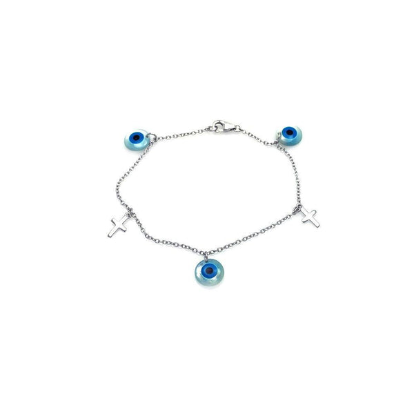 Silver 925 Rhodium Plated Cross and Evil Eye Charm Bracelet - STB00403 | Silver Palace Inc.