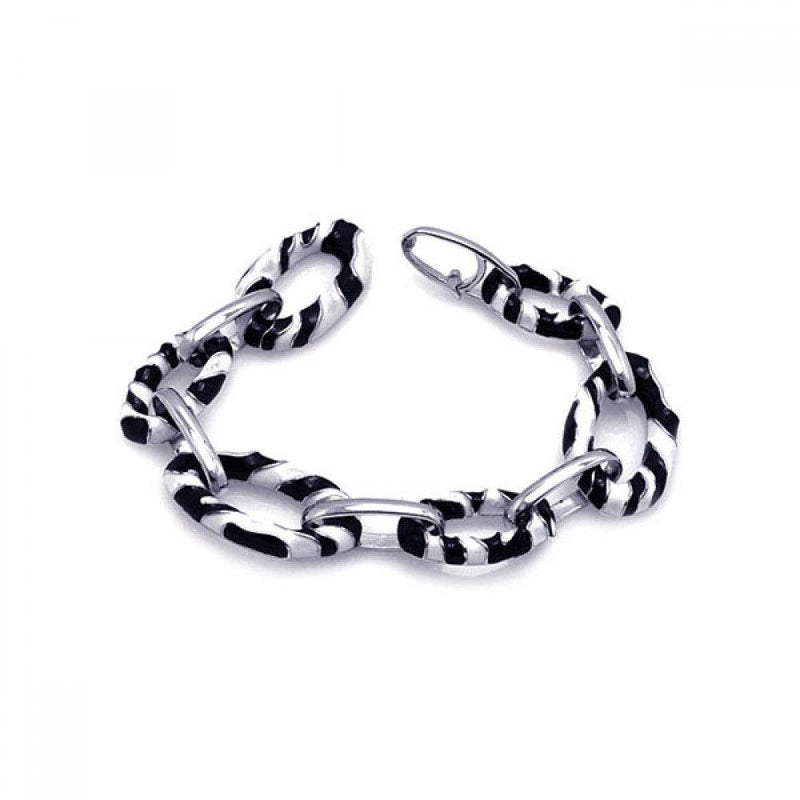 Closeout-Silver 925 Rhodium Plated Black and White Enamel Zebra Print Open Link Bracelet - STB00417 | Silver Palace Inc.