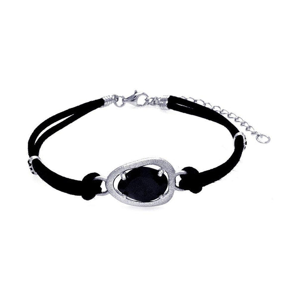 Closeout-Silver 925 Rhodium Plated Black CZ Black Leather Cord Bracelet - STB00436 | Silver Palace Inc.