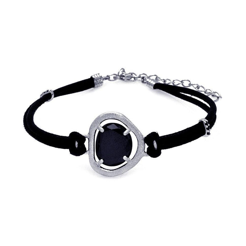 Closeout-Silver 925 Rhodium Plated Black CZ Black Leather Cord Bracelet - STB00437 | Silver Palace Inc.
